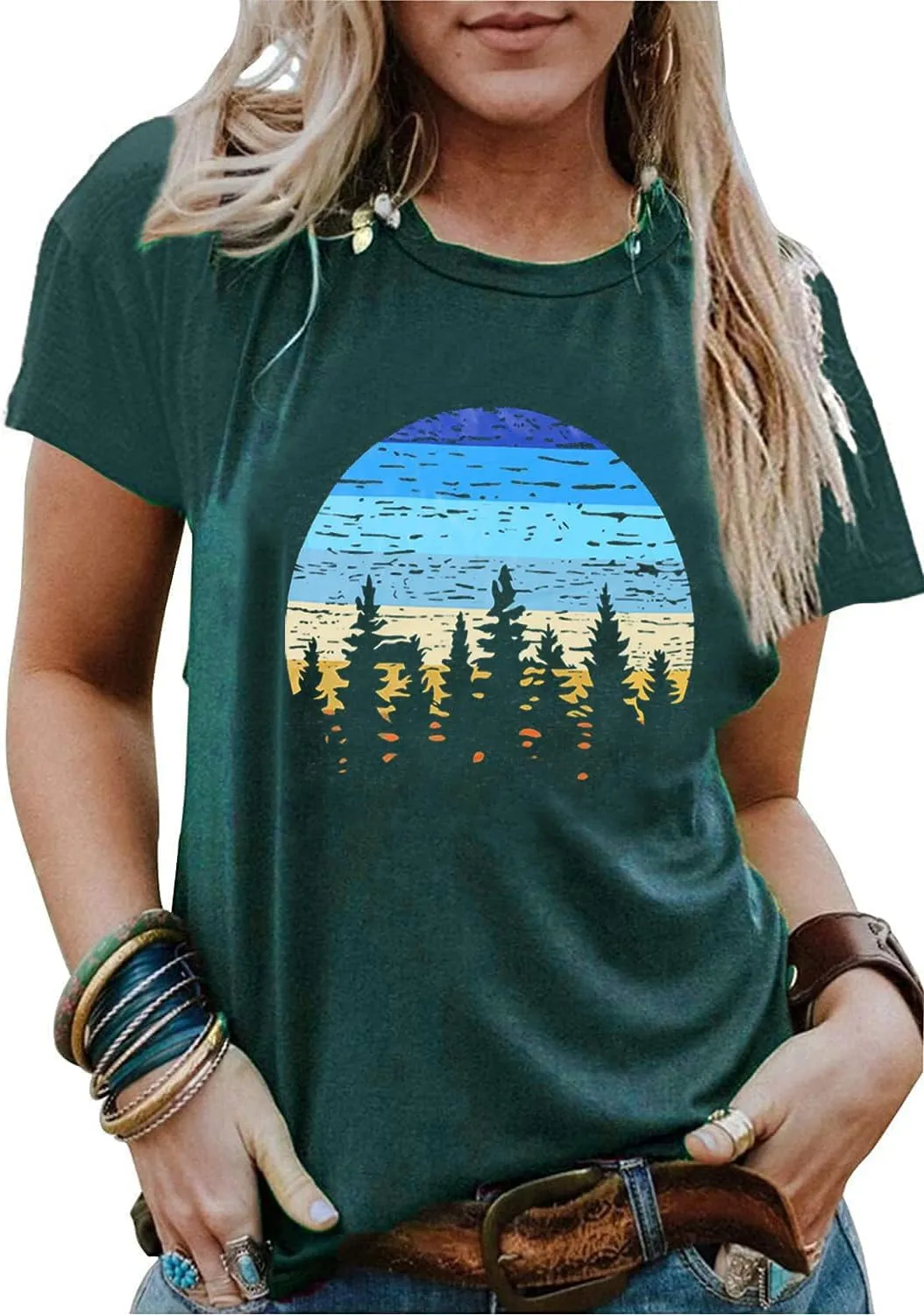 Adventure T-Shirt Women Mountain Hiking Workout Shirts Sunset Sunrise Wavy Camping Outdoor Short Sleeve Tee Tops