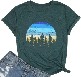 Adventure T-Shirt Women Mountain Hiking Workout Shirts Sunset Sunrise Wavy Camping Outdoor Short Sleeve Tee Tops