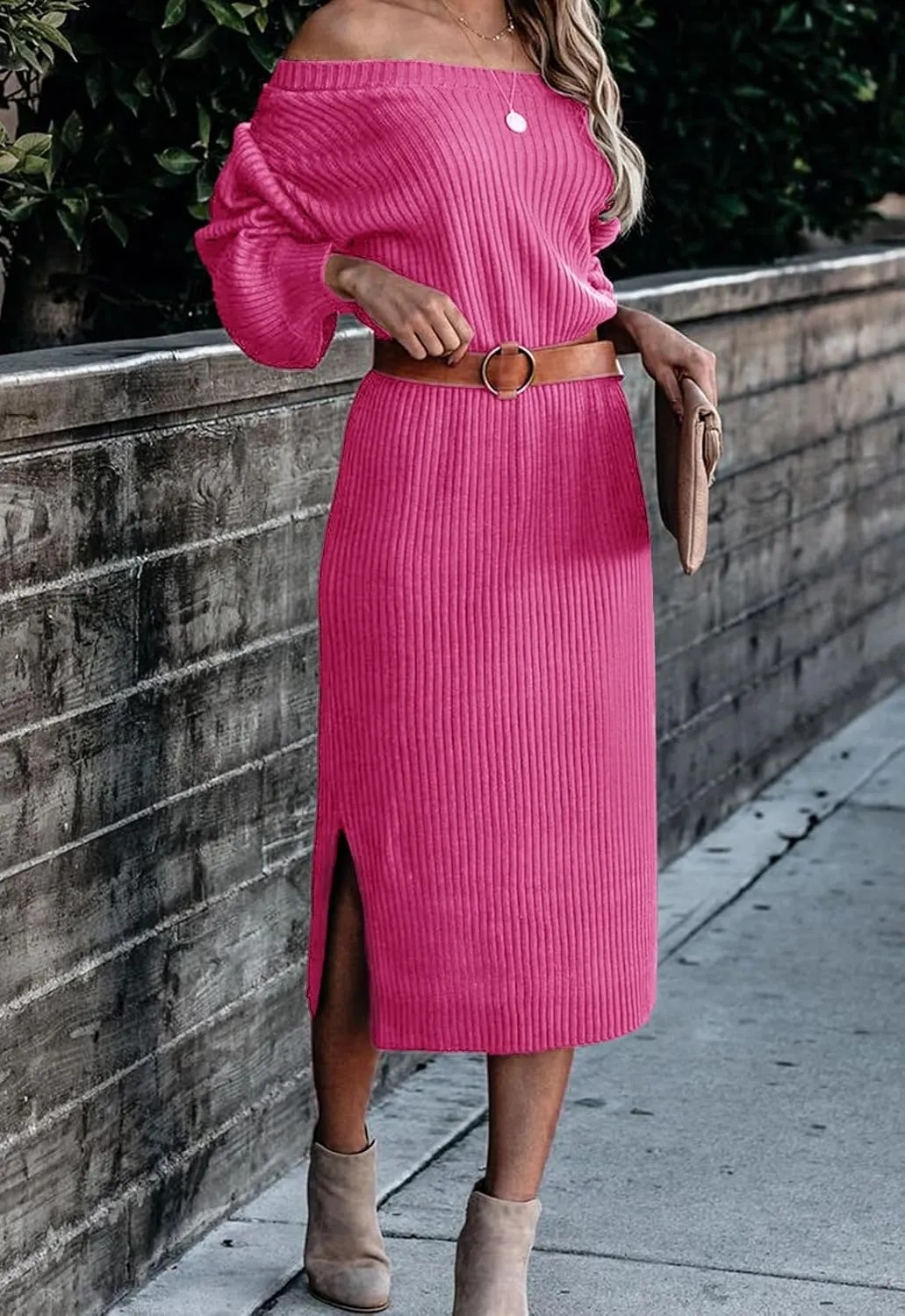 Alaster Queen Women's Ribbed Knit Sweater Dress 2023 Balloon Long Sleeve Fall Sweater Midi Dresses for Women