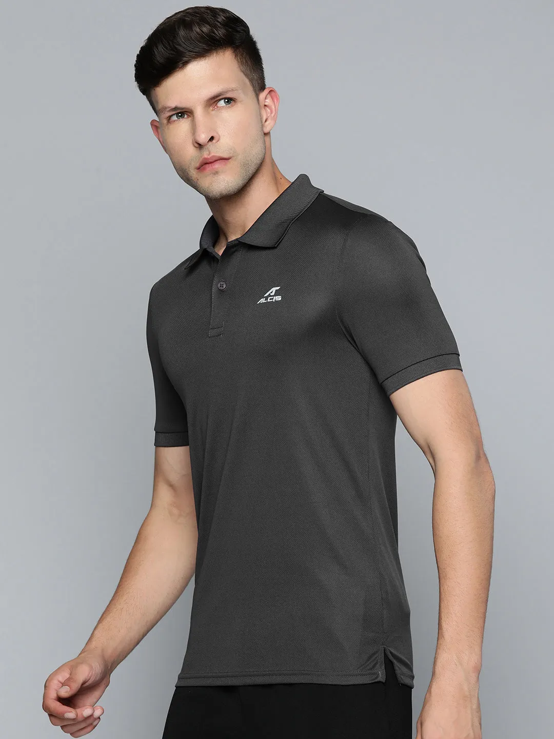 Alcis Men Charcoal Grey Polo Collar Slim Fit Wonder T-shirt