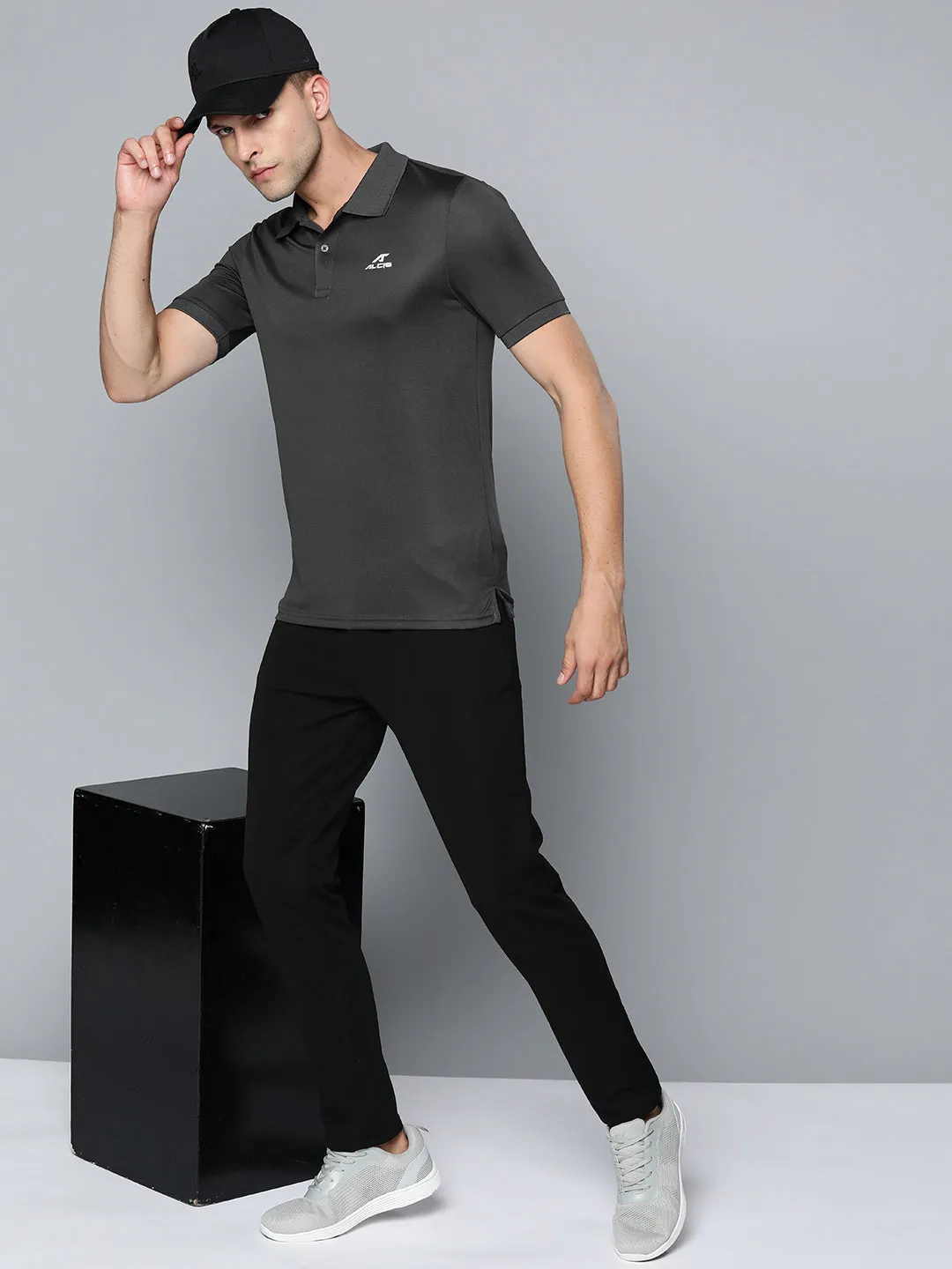 Alcis Men Charcoal Grey Polo Collar Slim Fit Wonder T-shirt