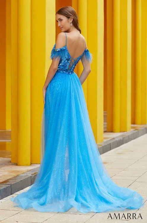 Amarra 88534 Size 4 Peacock Short Cut Glass Cocktail Prom Dress Off the shoulder Feather Prom Dress Overskirt