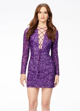 Ashley Lauren 4512 Size 2 Purple Short Fitted Sequin Long Sleeve Homecoming Dress Cocktail Gown