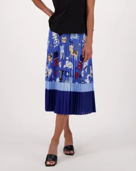 Blue Cats Print Plissé Pleated Skirt