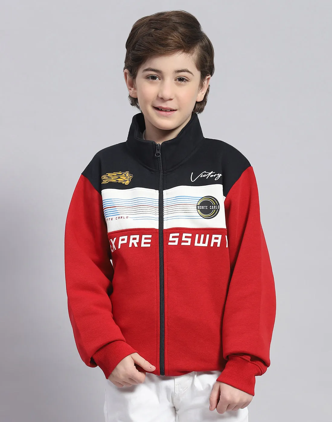 Boys Red Printed T Neck Full Sleeve Sweatshirt