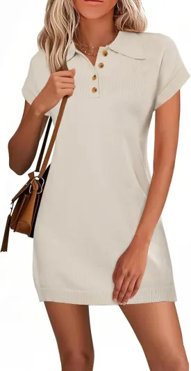 Chulianyouhuo Women's Short Sleeve Summer Knit Dress 2025 Casual Button Down Mini Loose Pullover Sweater Dress