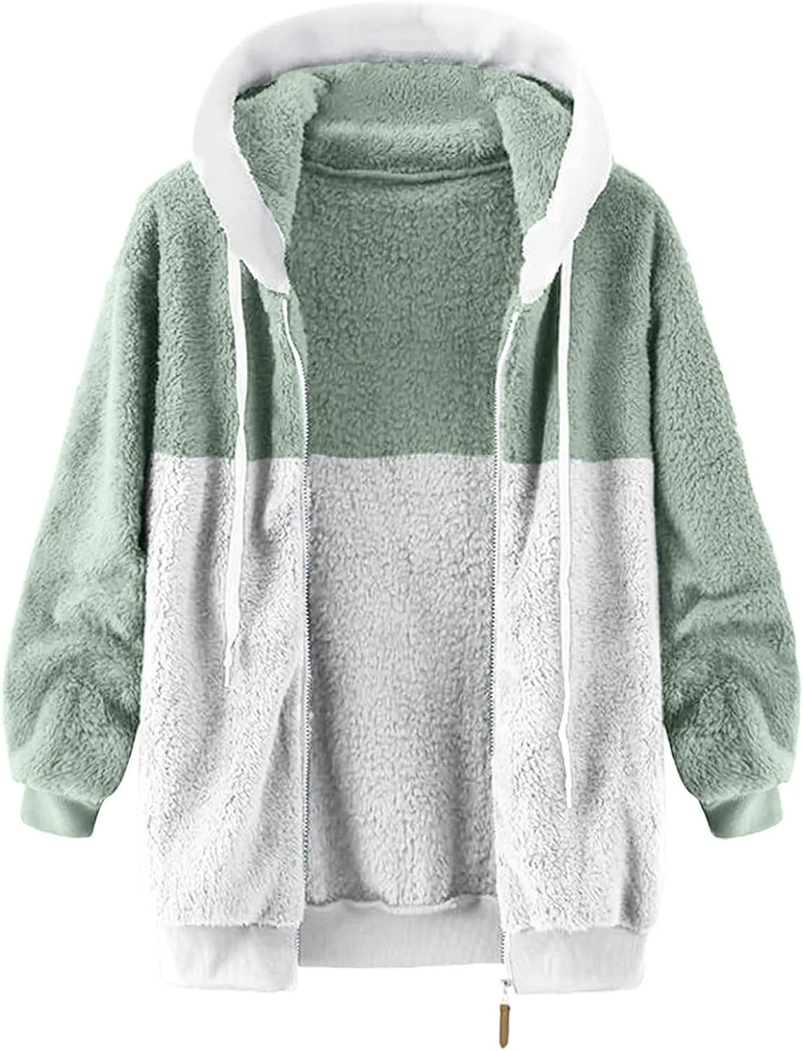 Coats for Women, Women's Fashion Casual Loose Plush Striped Zipper Long Sleeve Stitching Hooded Jacket Coat