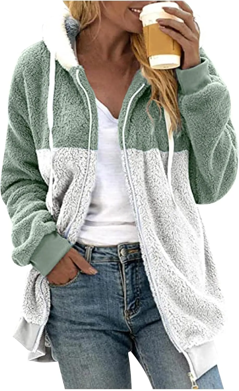 Coats for Women, Women's Fashion Casual Loose Plush Striped Zipper Long Sleeve Stitching Hooded Jacket Coat
