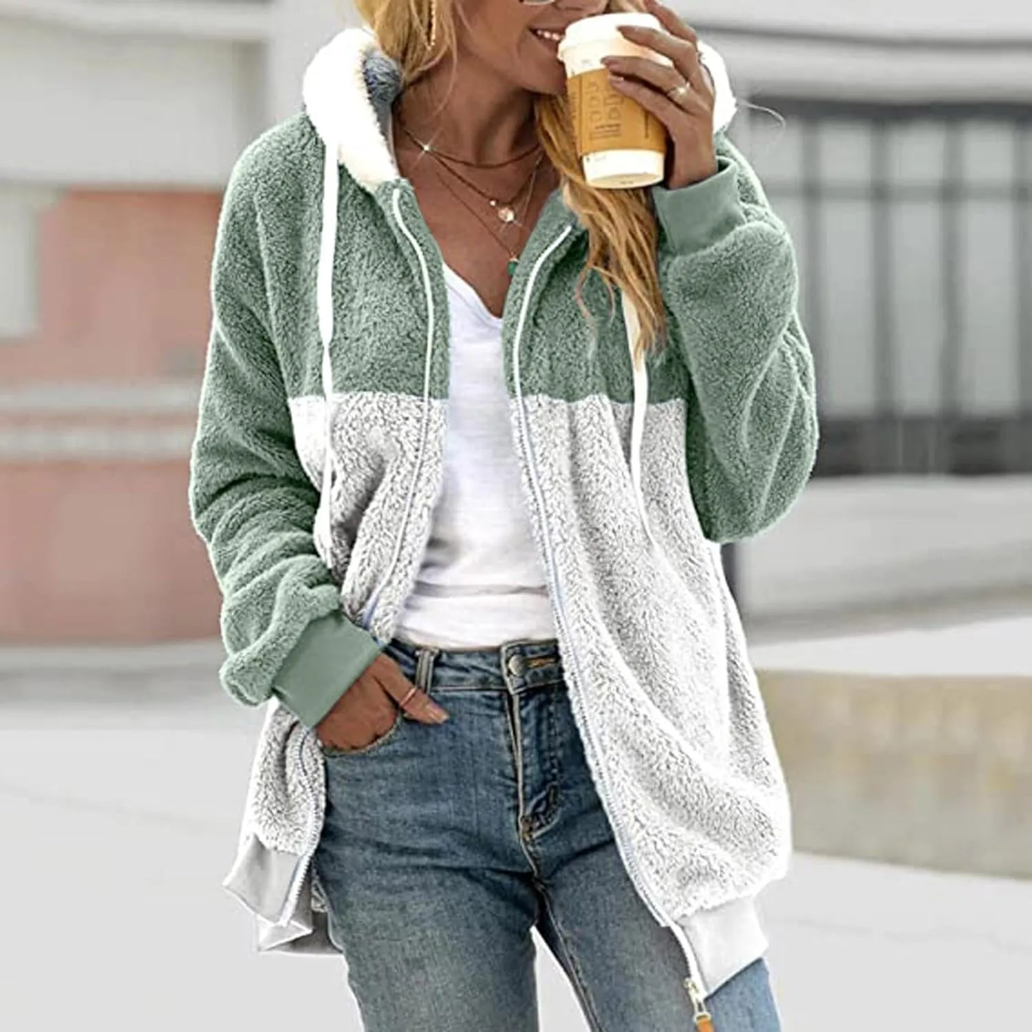Coats for Women, Women's Fashion Casual Loose Plush Striped Zipper Long Sleeve Stitching Hooded Jacket Coat