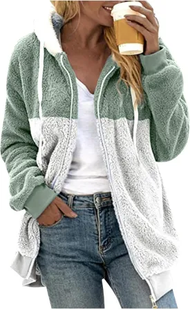 Coats for Women, Women's Fashion Casual Loose Plush Striped Zipper Long Sleeve Stitching Hooded Jacket Coat