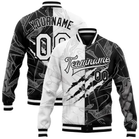 Custom Graffiti Pattern White-Black Scratch 3D Bomber Full-Snap Varsity Letterman Jacket