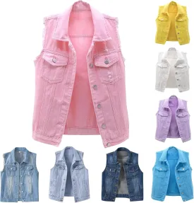 Denim Jacket for Women Casual Lapel Collar Sleeveless Denim Blazer Plus Size Cute Frayed Cropped Vest Top
