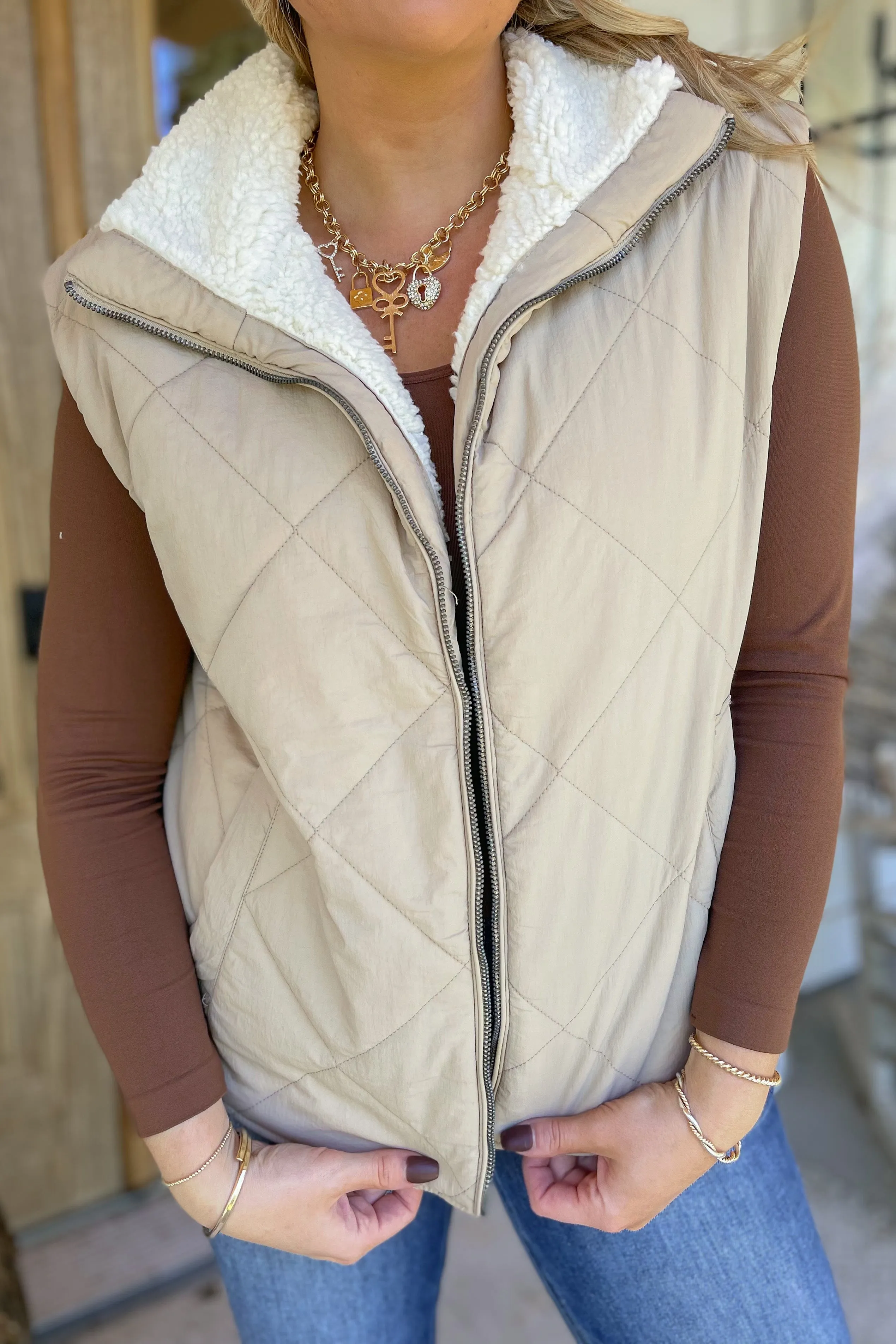 Dennis Zip Up High Collar Sleeveless Quilted Vest