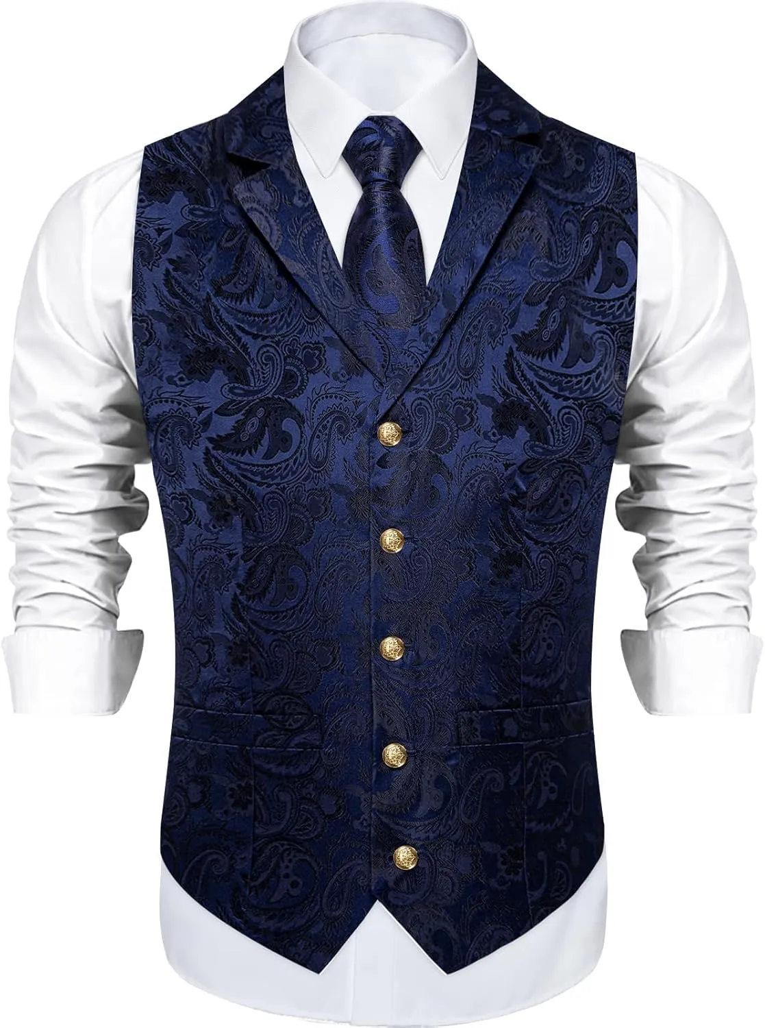 DiBanGu Silk Vest Tie Set for Men,Woven Paisley Dress Waistcoat and Bowtie Pocket Square Cufflinks Lapel Pin Formal Suit Vest