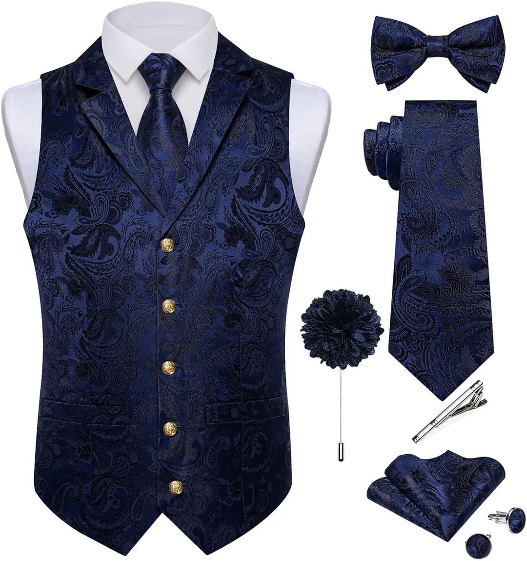 DiBanGu Silk Vest Tie Set for Men,Woven Paisley Dress Waistcoat and Bowtie Pocket Square Cufflinks Lapel Pin Formal Suit Vest