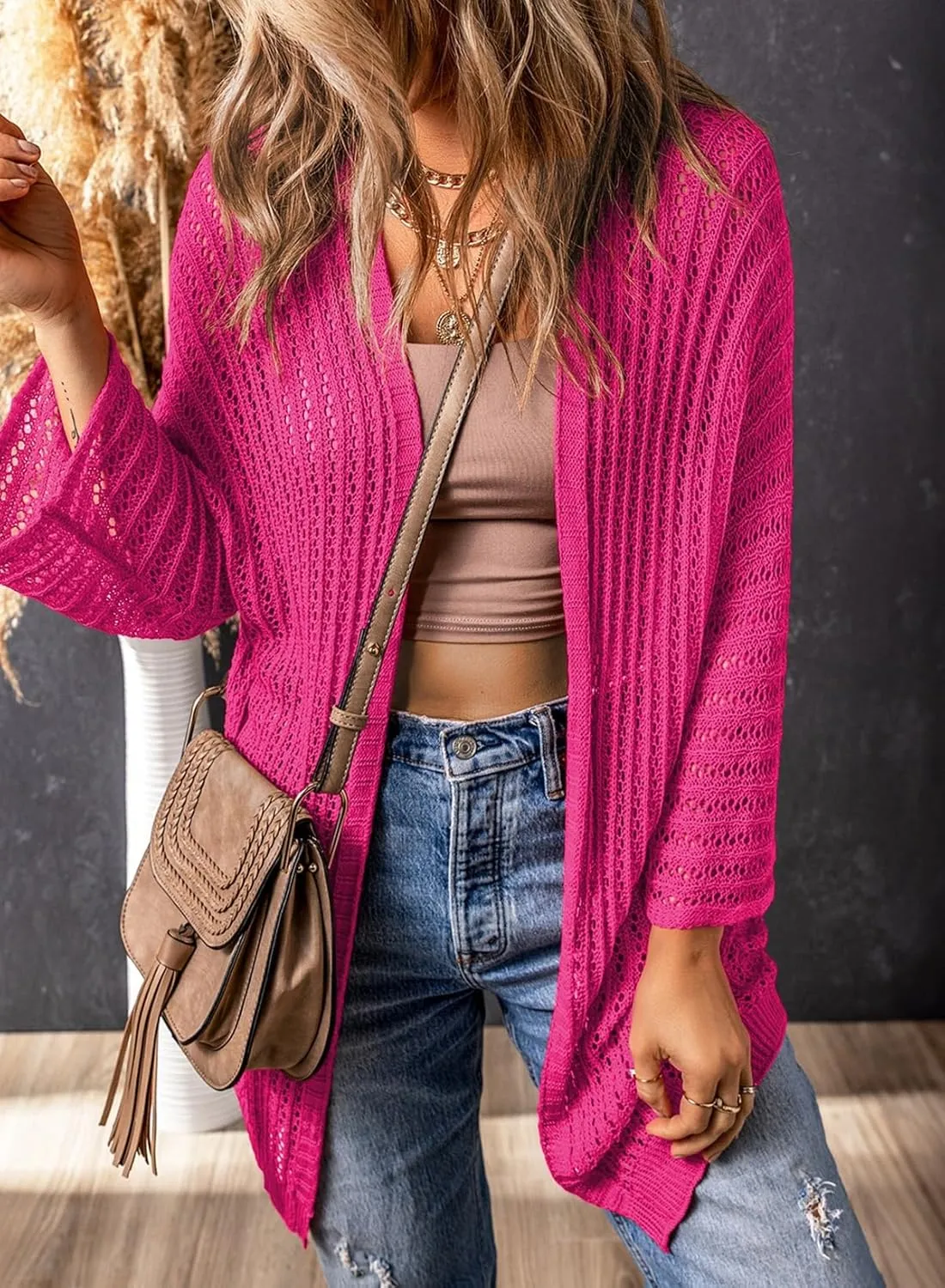 Dokotoo Summer Lightweight Cardigan 2024 Spring Fashion 3/4 Length Sleeve Hollow-Out Knit Beach Cover Ups Cardigans