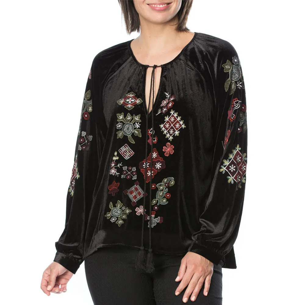 Embroidered Black Velvet Top