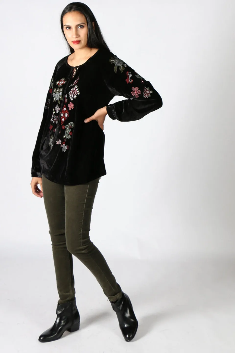 Embroidered Black Velvet Top