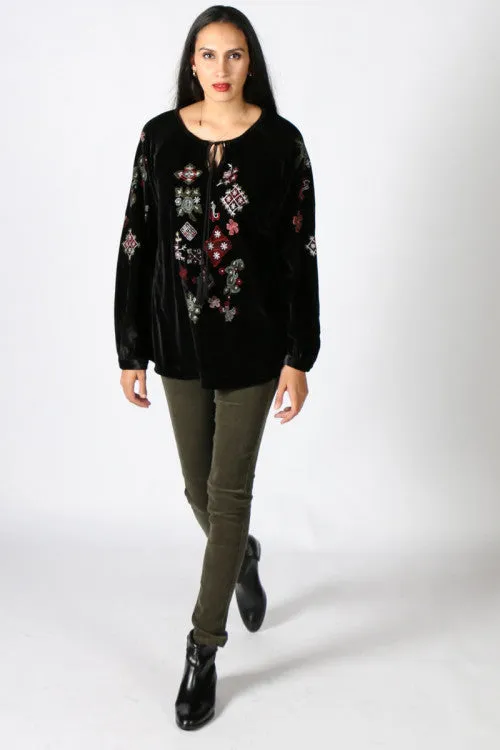 Embroidered Black Velvet Top