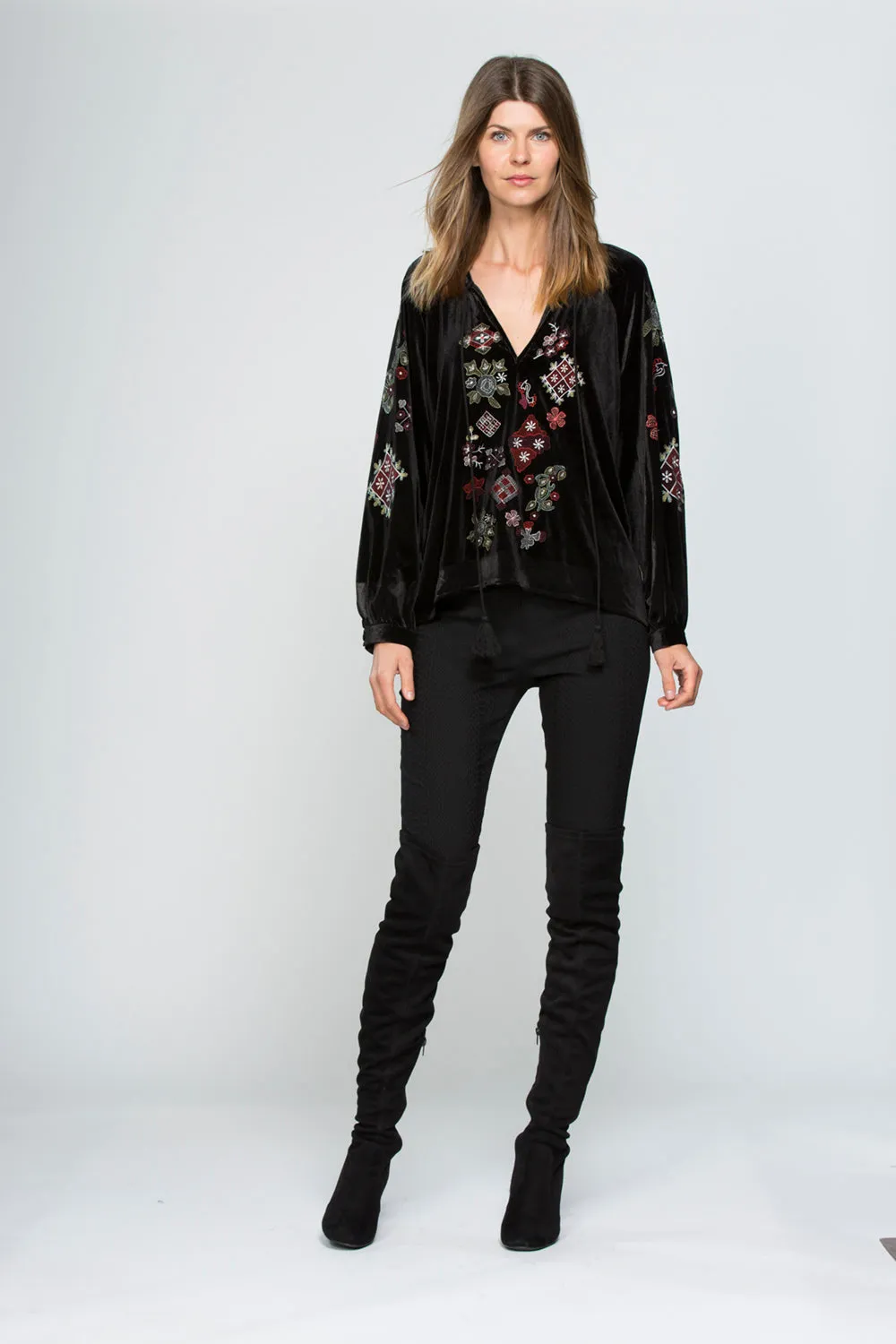 Embroidered Black Velvet Top