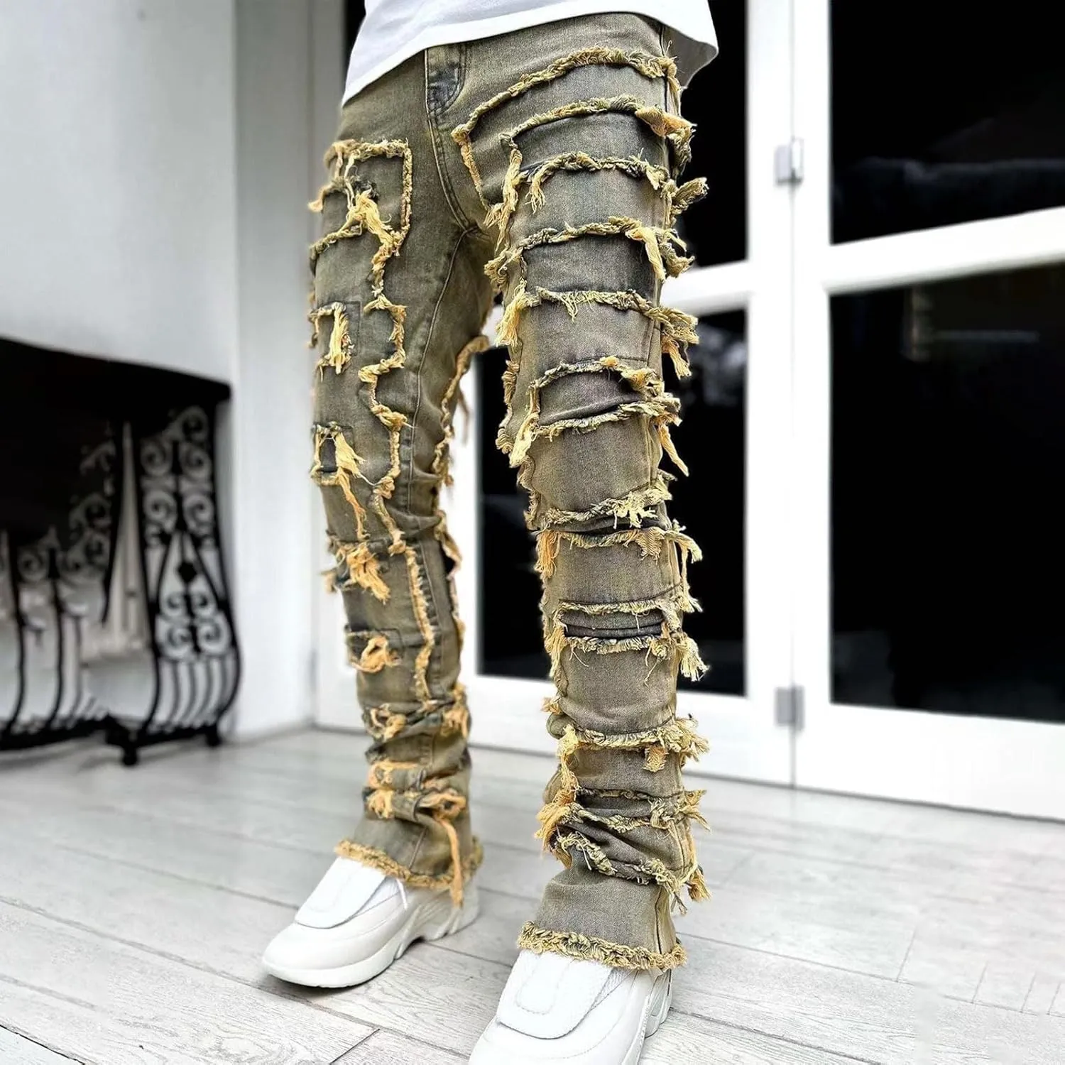 FantasyGears Mens Stacked Ripped Jeans Y2k Distressed Denim Pants Skinny Slim Fit Stretch Biker Jeans