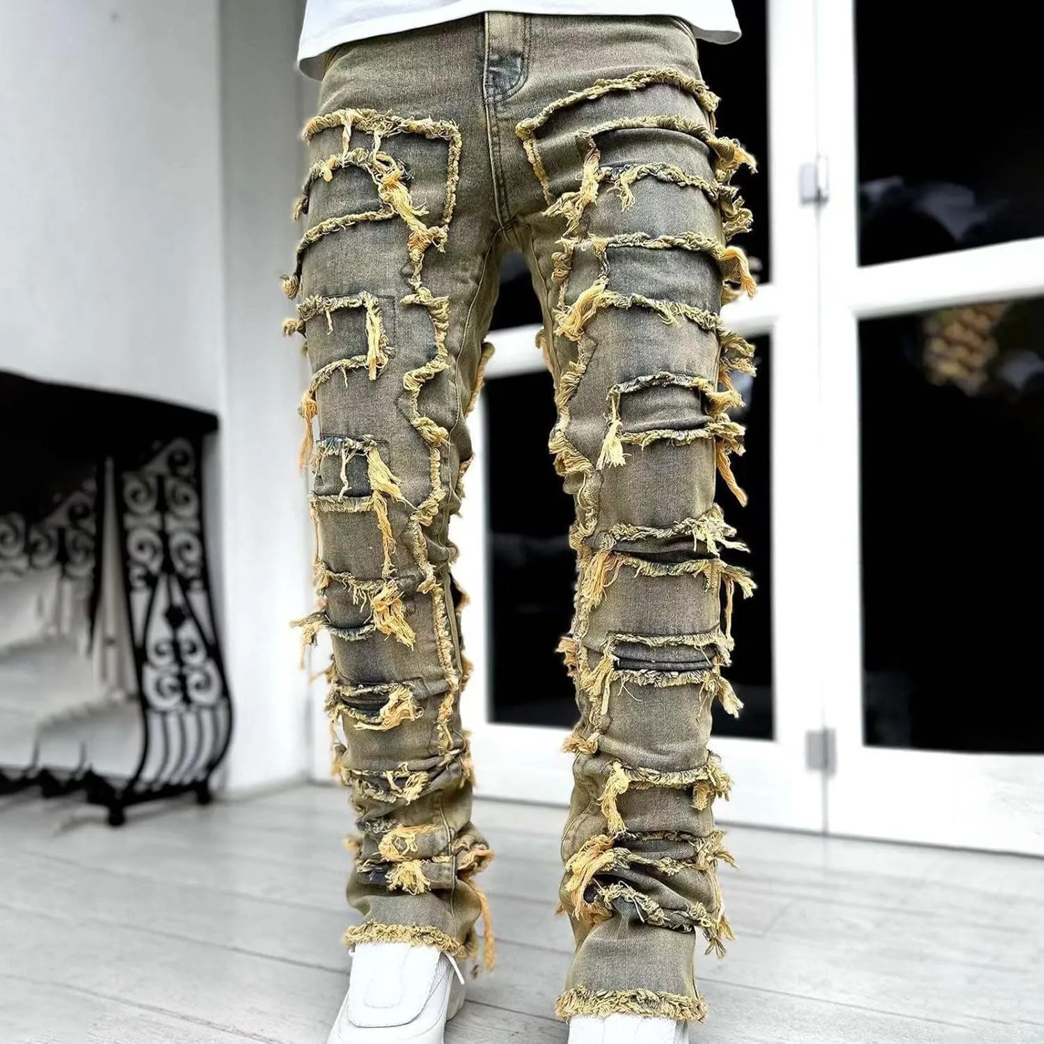FantasyGears Mens Stacked Ripped Jeans Y2k Distressed Denim Pants Skinny Slim Fit Stretch Biker Jeans