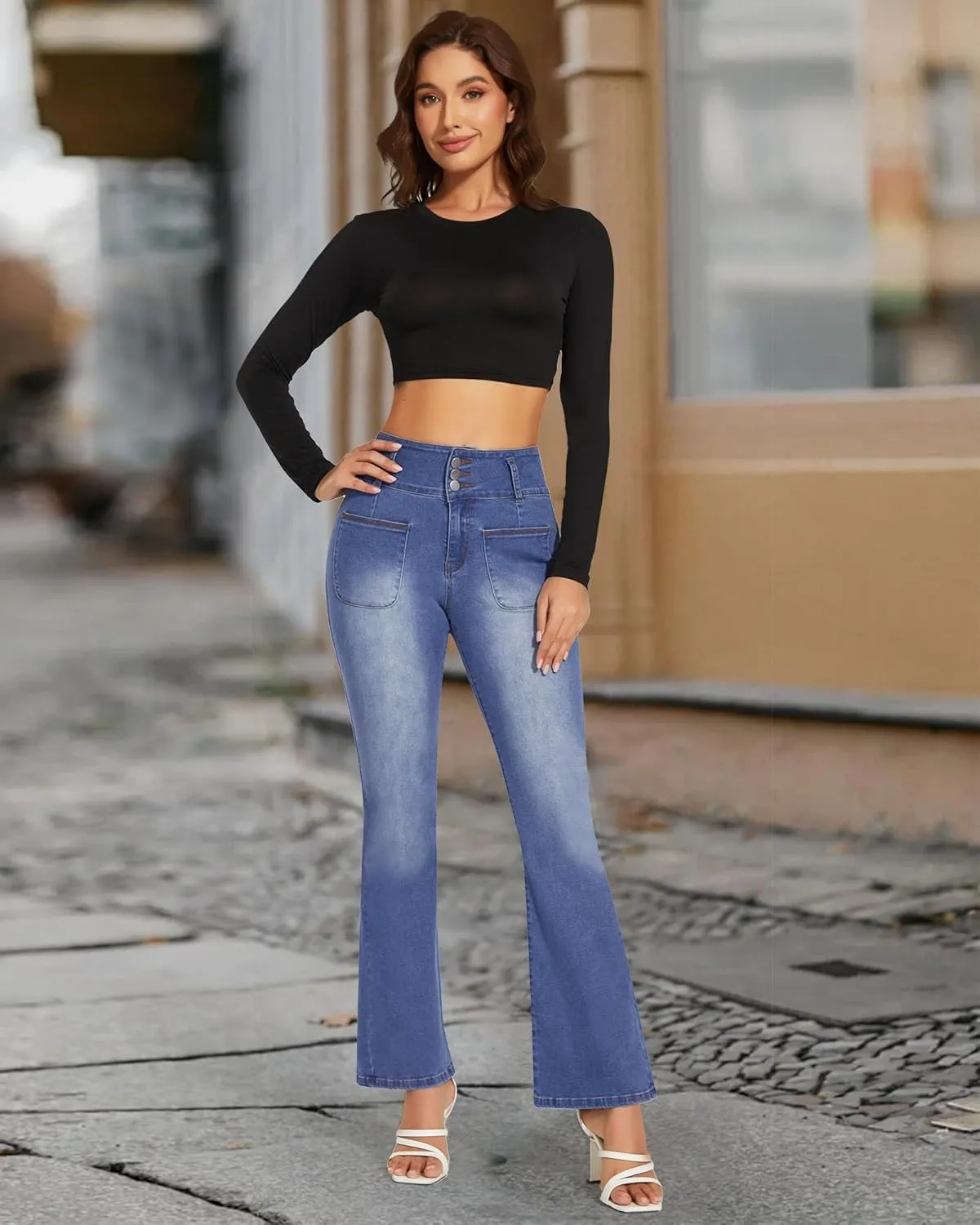 FITTOO Women's Flare Jeans with Front Pockets High Waisted Bell Bottom Jeans Stretchy Wide Leg Denim Pants Trousers