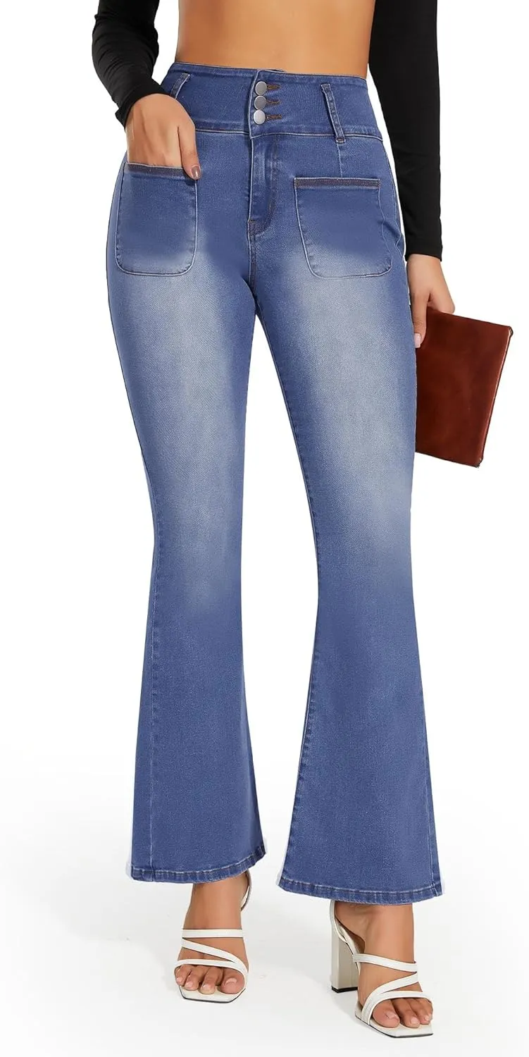 FITTOO Women's Flare Jeans with Front Pockets High Waisted Bell Bottom Jeans Stretchy Wide Leg Denim Pants Trousers