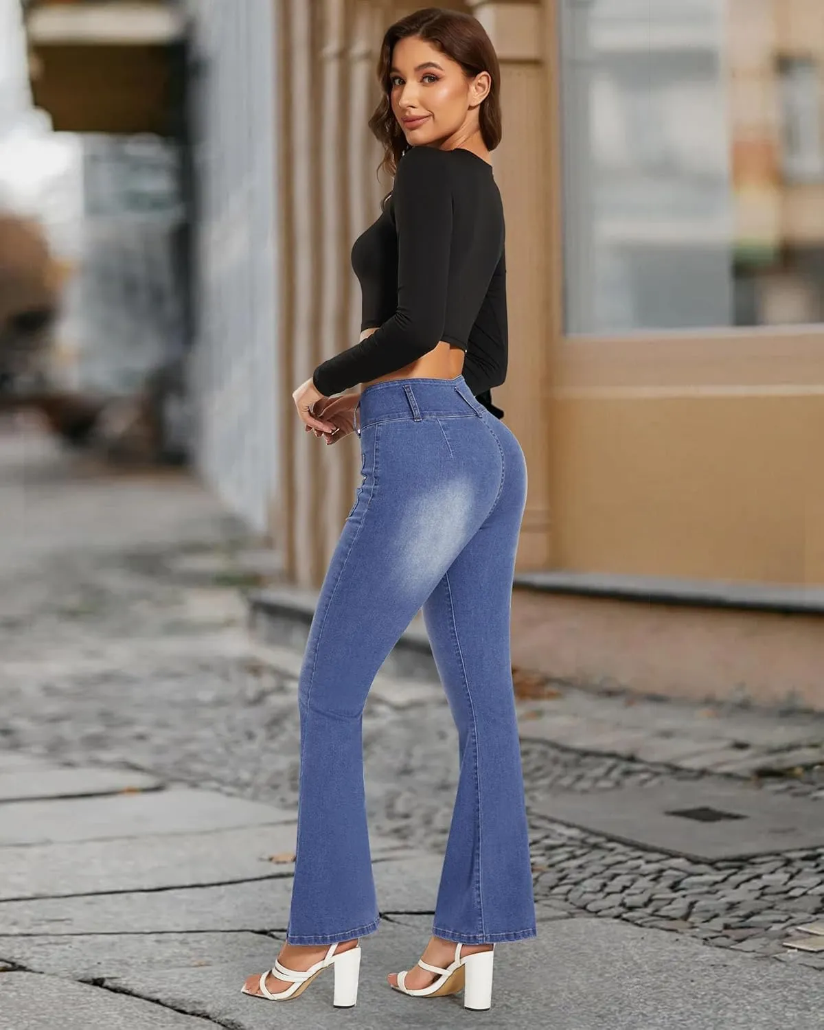 FITTOO Women's Flare Jeans with Front Pockets High Waisted Bell Bottom Jeans Stretchy Wide Leg Denim Pants Trousers