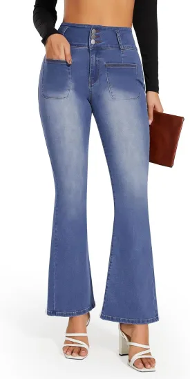 FITTOO Women's Flare Jeans with Front Pockets High Waisted Bell Bottom Jeans Stretchy Wide Leg Denim Pants Trousers