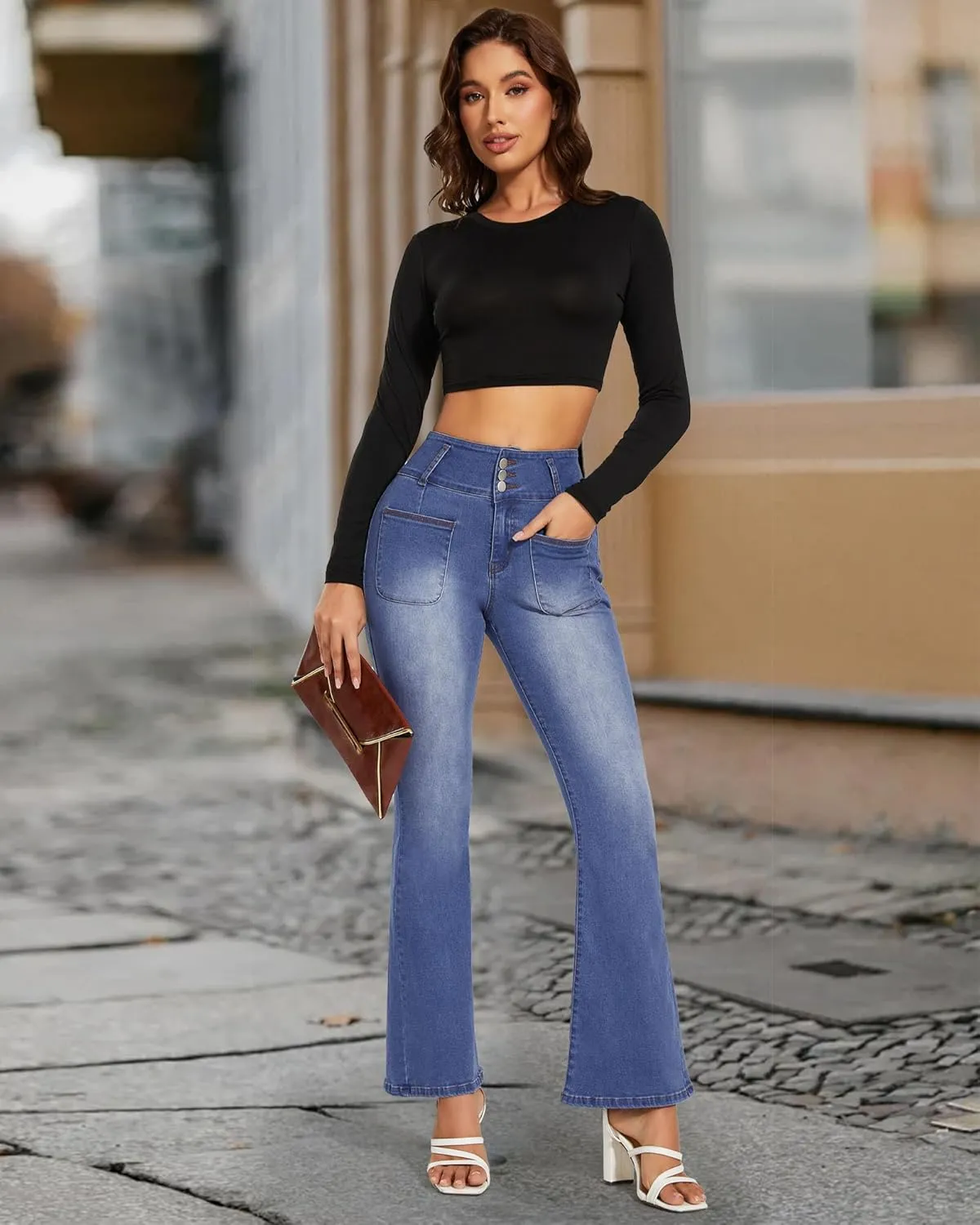 FITTOO Women's Flare Jeans with Front Pockets High Waisted Bell Bottom Jeans Stretchy Wide Leg Denim Pants Trousers