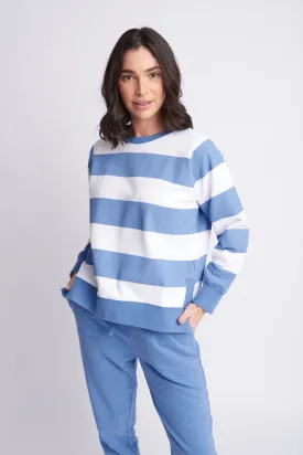 Fleece Stripe Side Split Sweater Denim Blue/White