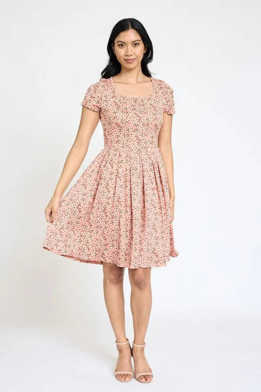 Floral Short Sleeve Pleated Midi Dress