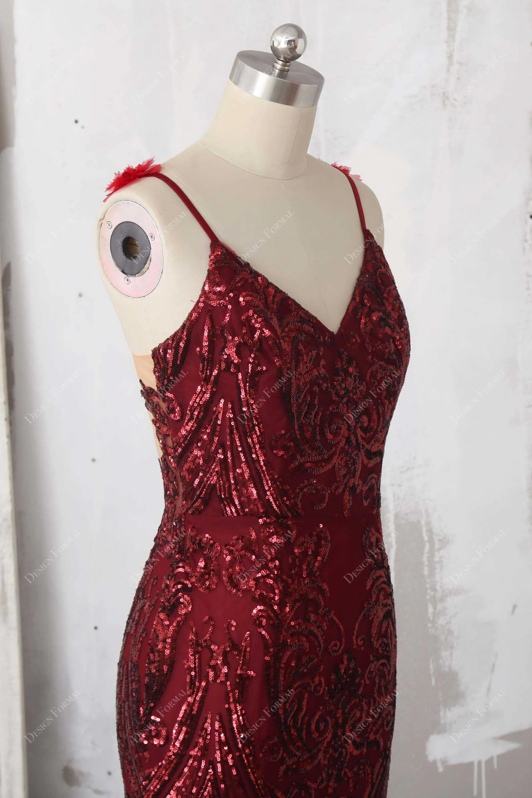 Flower Burgundy Sequin Mermaid Unique Prom Dress