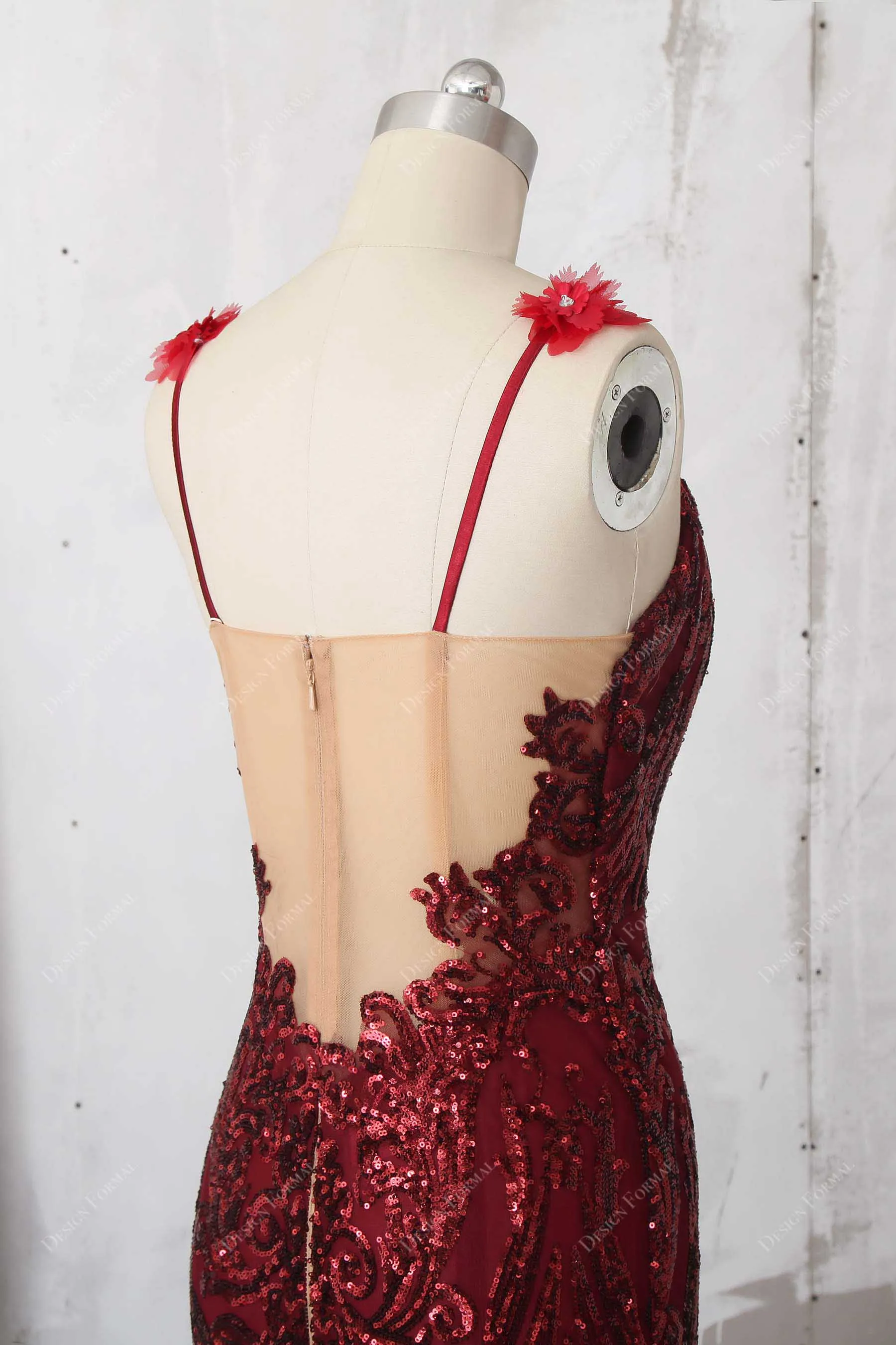 Flower Burgundy Sequin Mermaid Unique Prom Dress