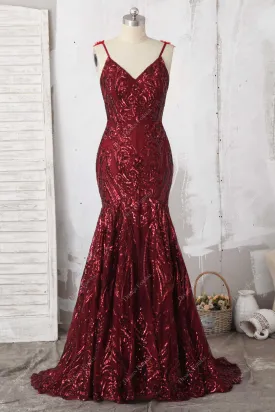 Flower Burgundy Sequin Mermaid Unique Prom Dress