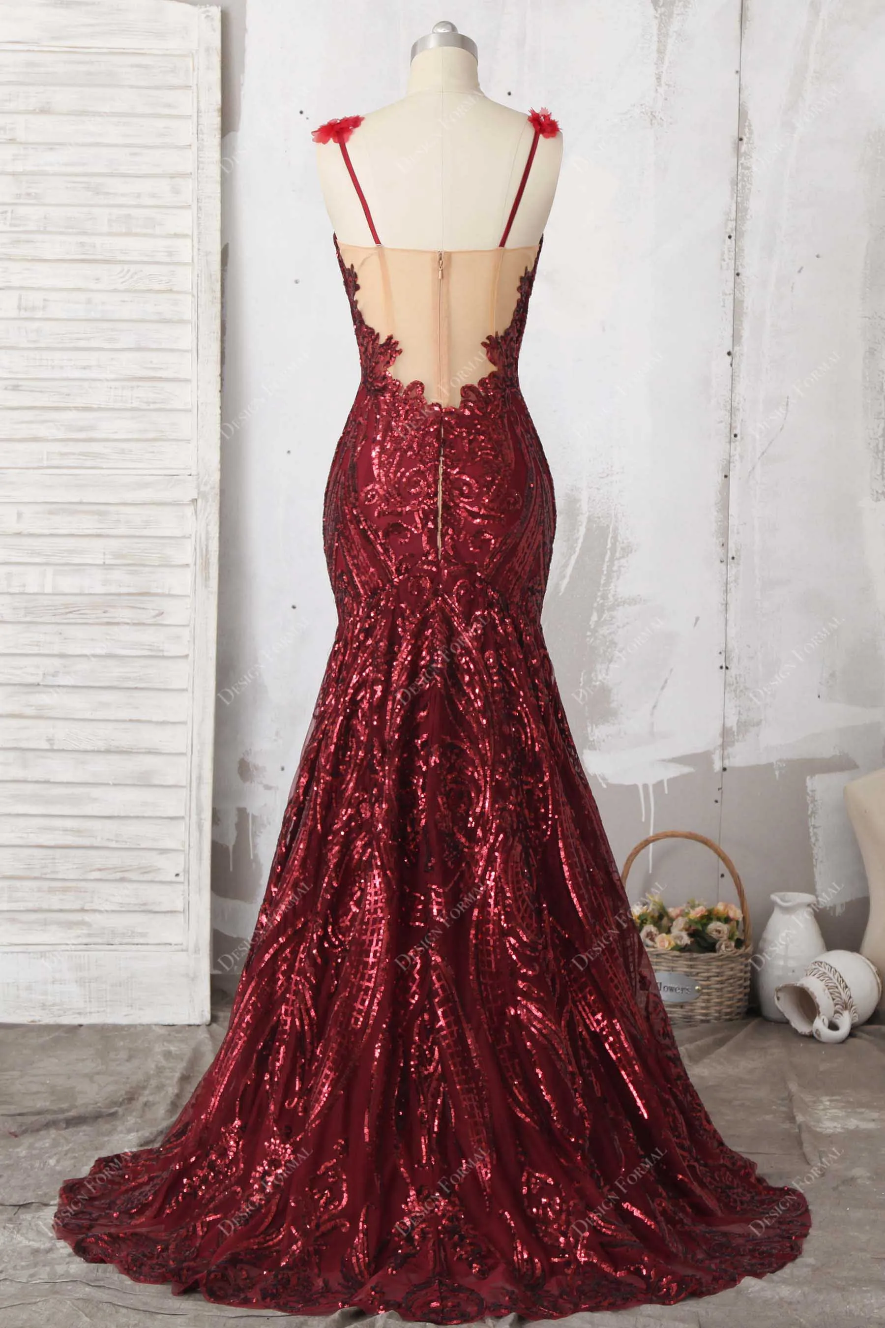 Flower Burgundy Sequin Mermaid Unique Prom Dress