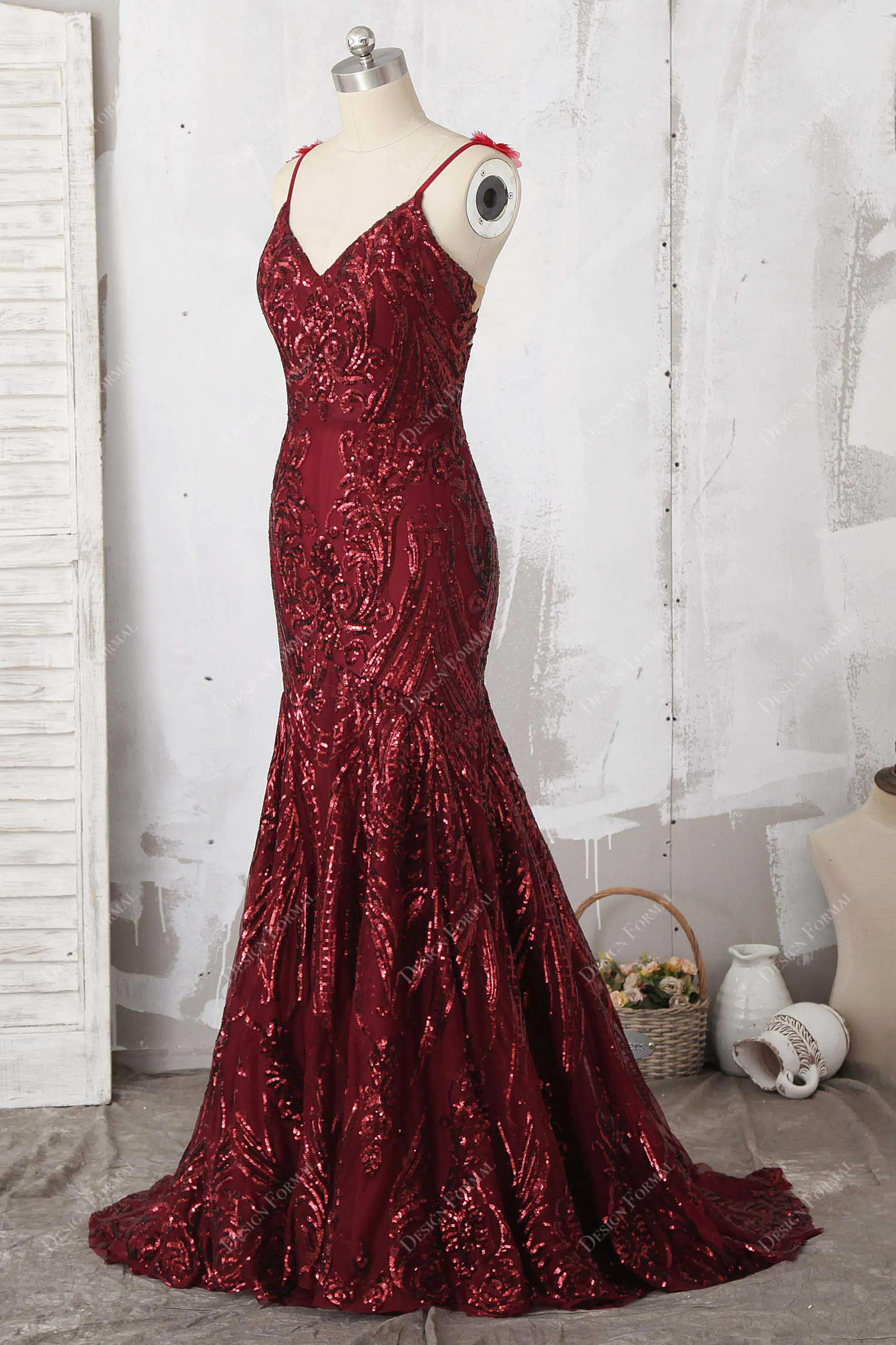 Flower Burgundy Sequin Mermaid Unique Prom Dress