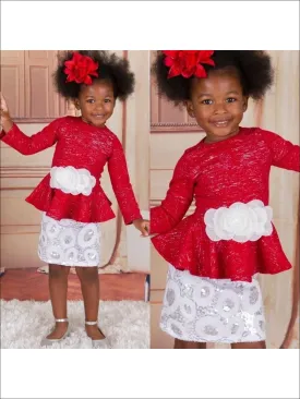 Girls RED BLACK Bow Front Blouse w/ Sequin Holiday A Line Skirt