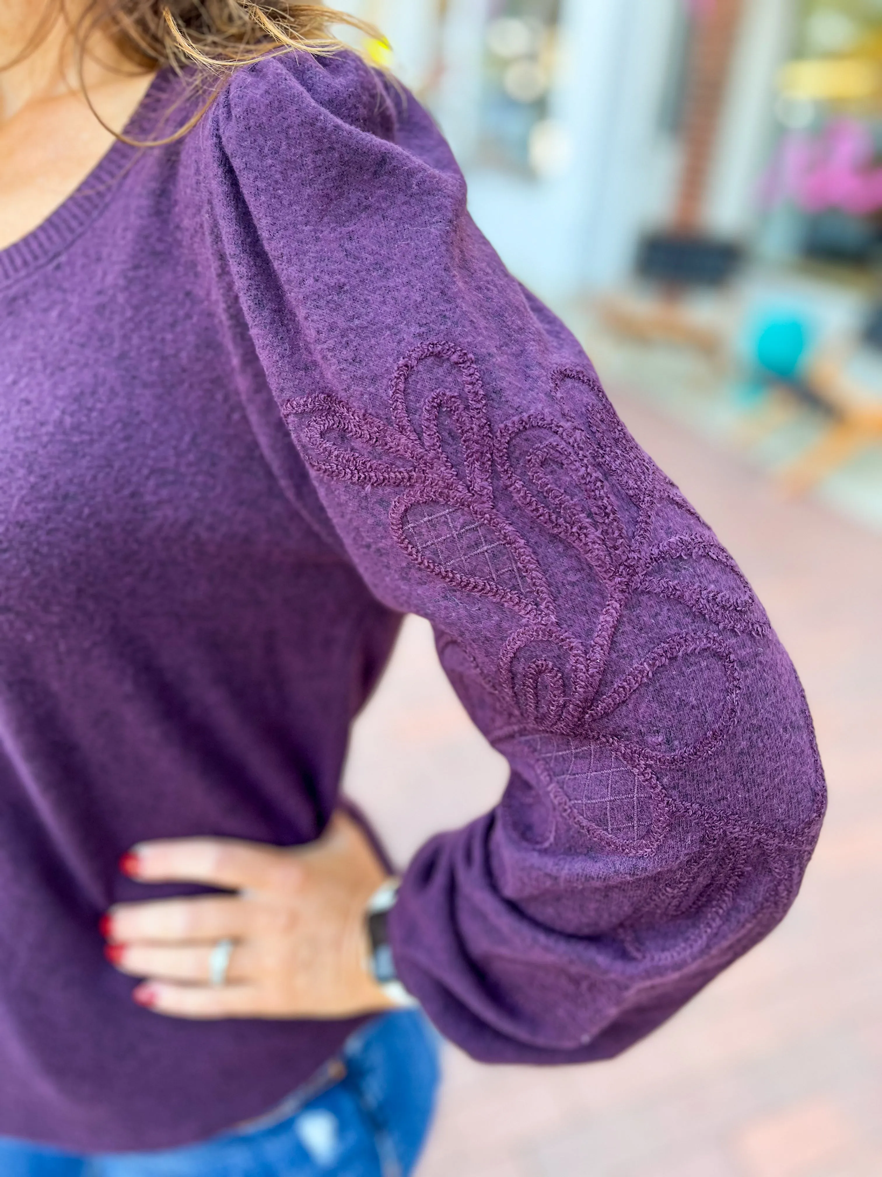 Grape Embroidered Sleeve Knit Top