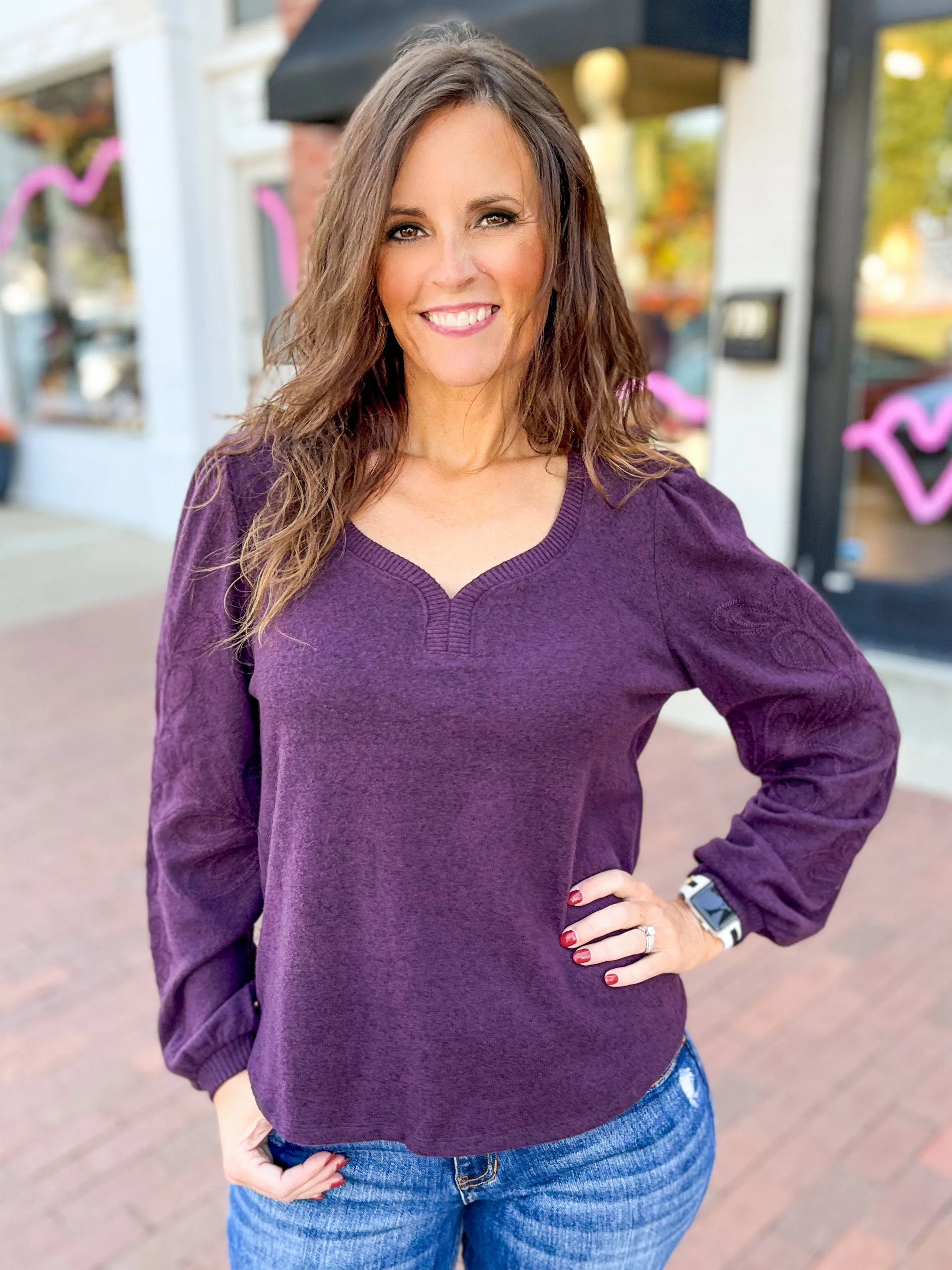 Grape Embroidered Sleeve Knit Top