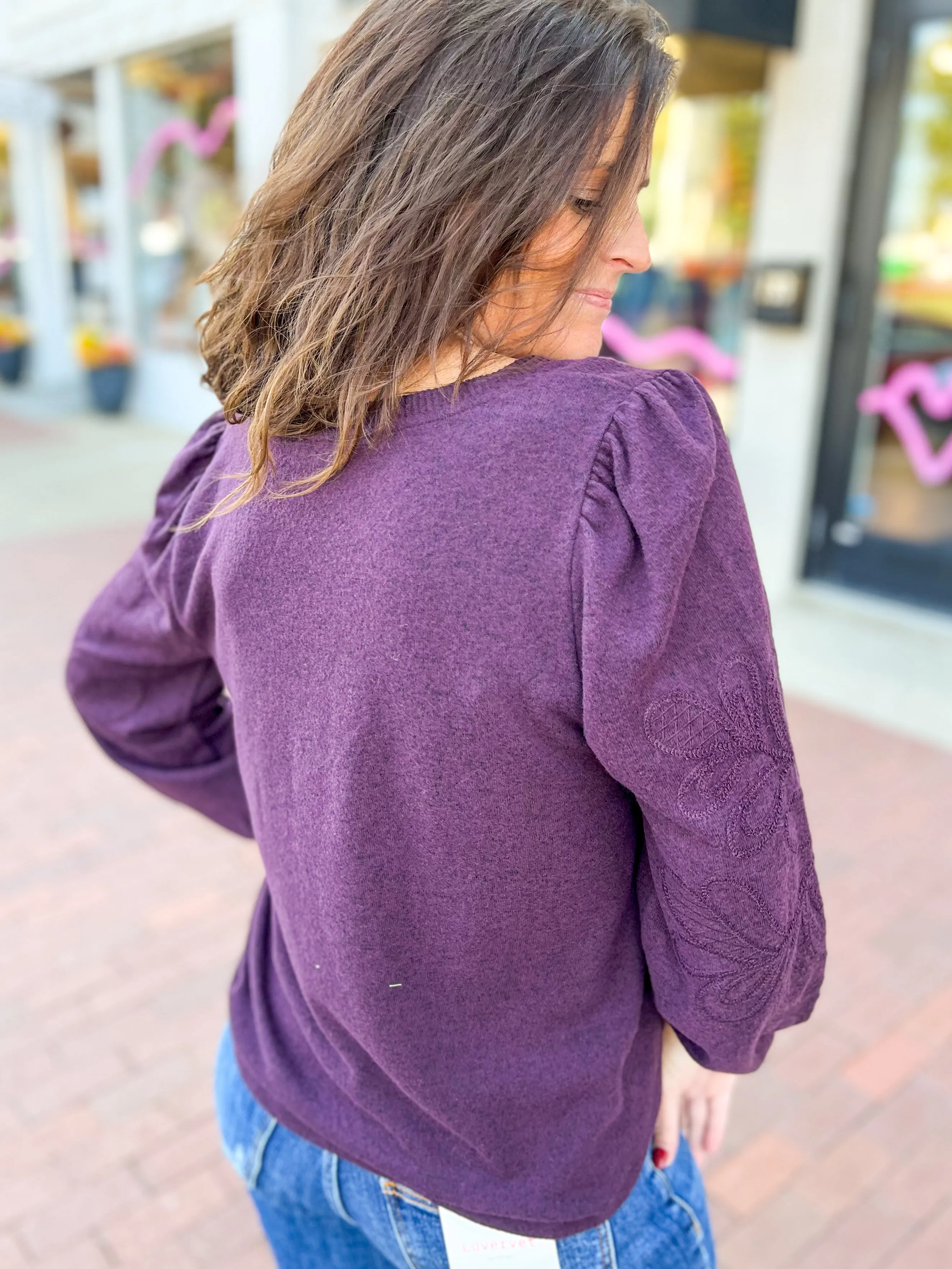 Grape Embroidered Sleeve Knit Top