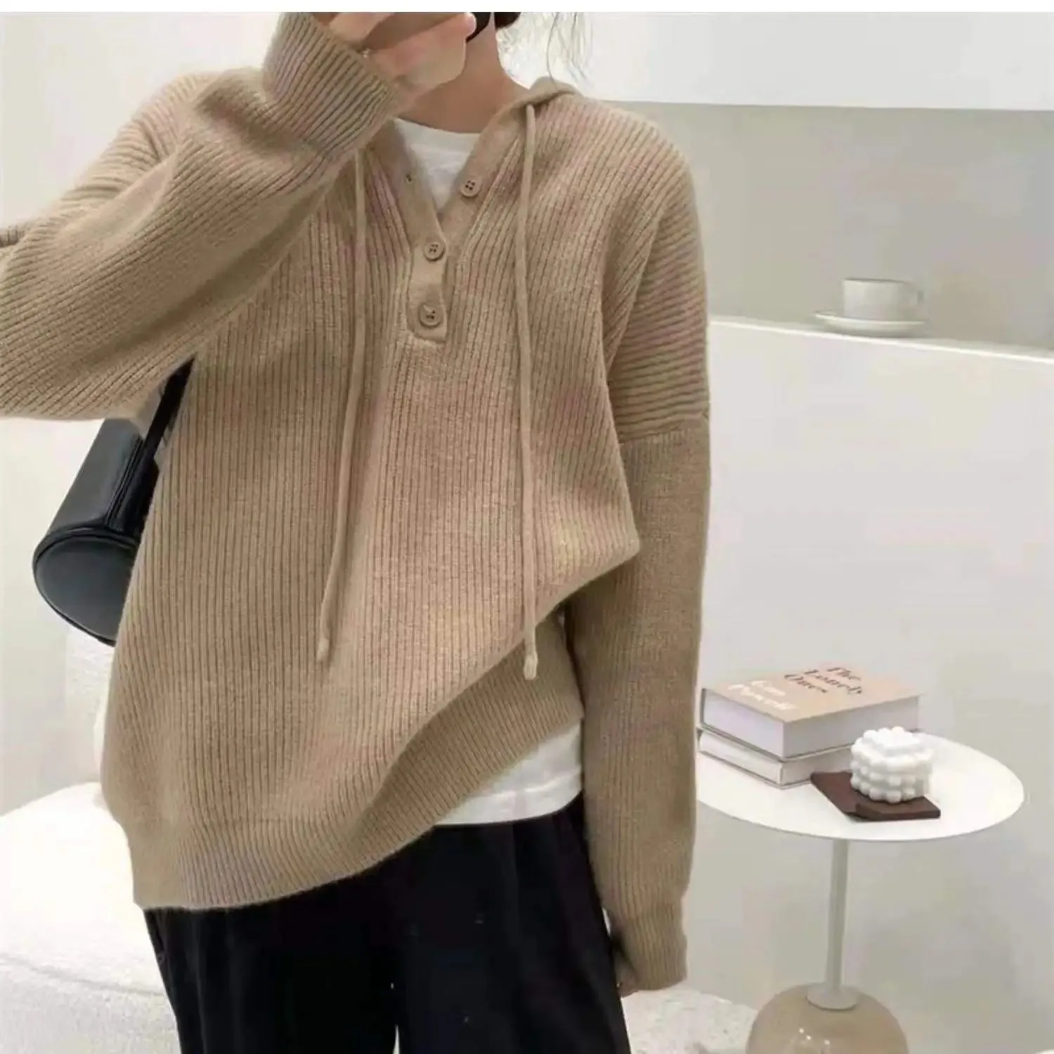 Hnzxzm Fashion Leisure Hooded Cashmere Sweater Female Fall Winter Loose Bottom Hoodie Pure Wool Hoodie Knitted Sweater Sweater