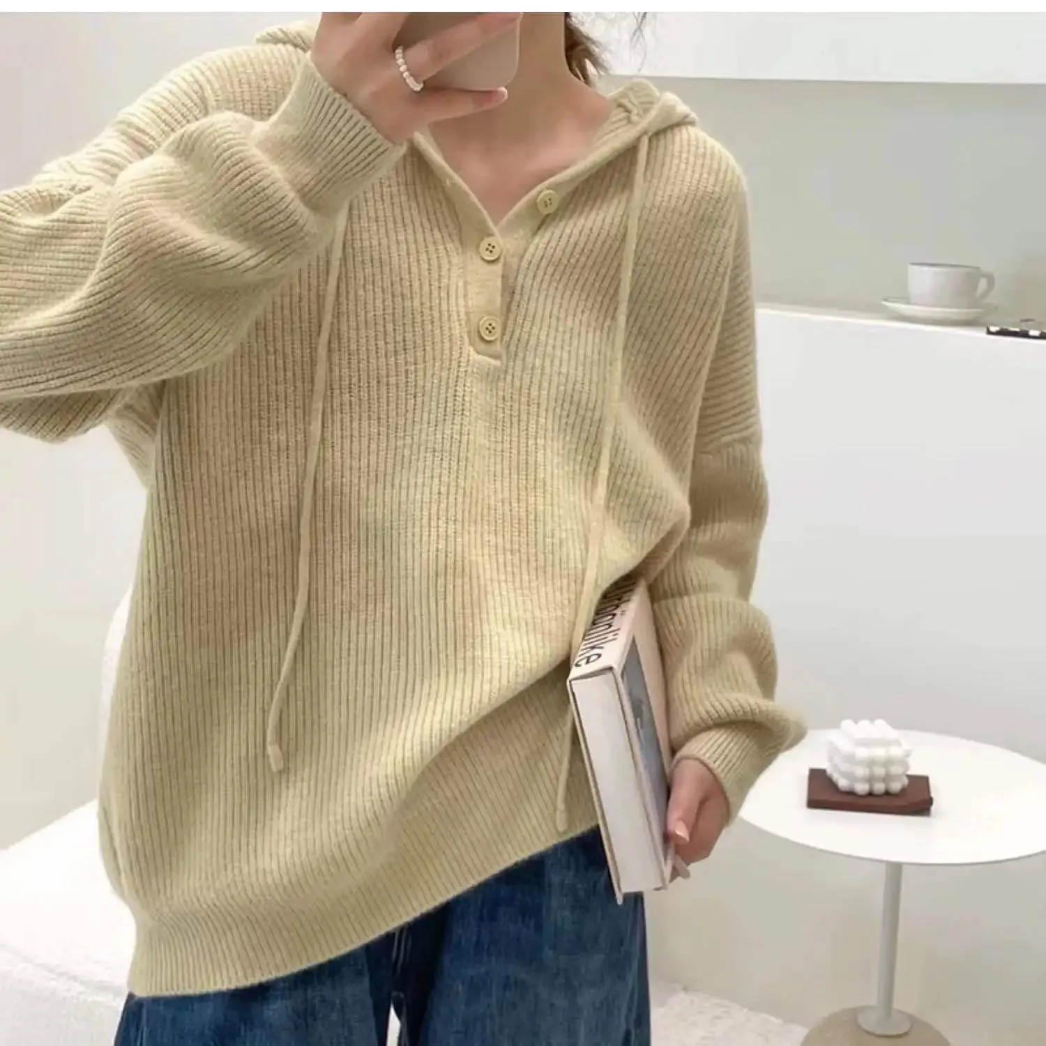 Hnzxzm Fashion Leisure Hooded Cashmere Sweater Female Fall Winter Loose Bottom Hoodie Pure Wool Hoodie Knitted Sweater Sweater