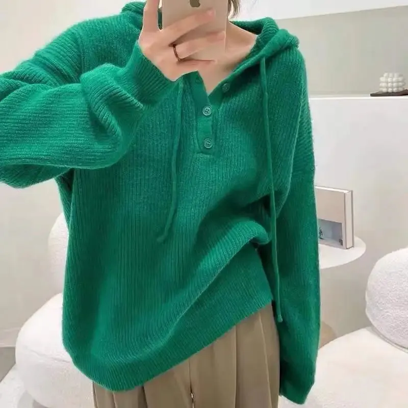 Hnzxzm Fashion Leisure Hooded Cashmere Sweater Female Fall Winter Loose Bottom Hoodie Pure Wool Hoodie Knitted Sweater Sweater