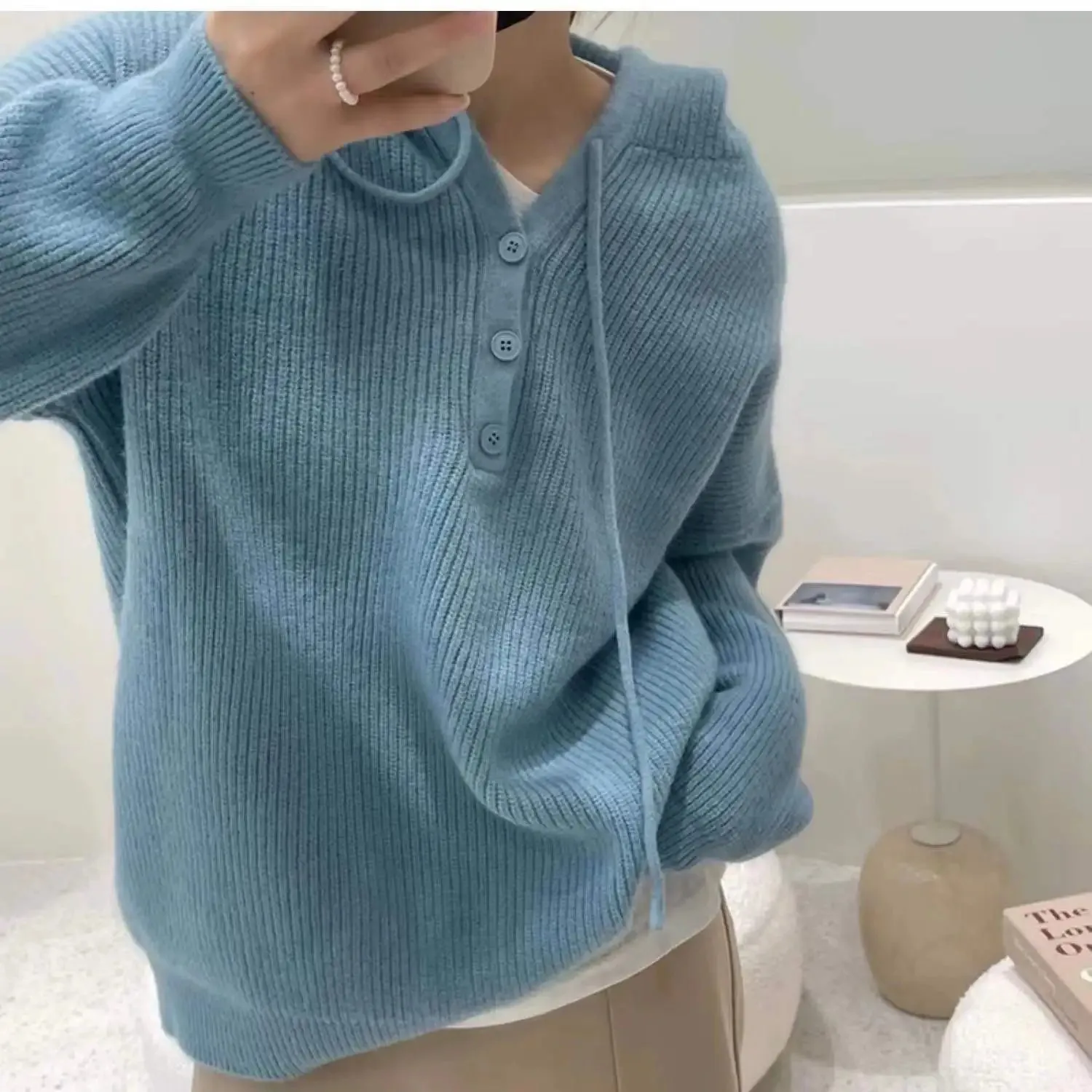 Hnzxzm Fashion Leisure Hooded Cashmere Sweater Female Fall Winter Loose Bottom Hoodie Pure Wool Hoodie Knitted Sweater Sweater