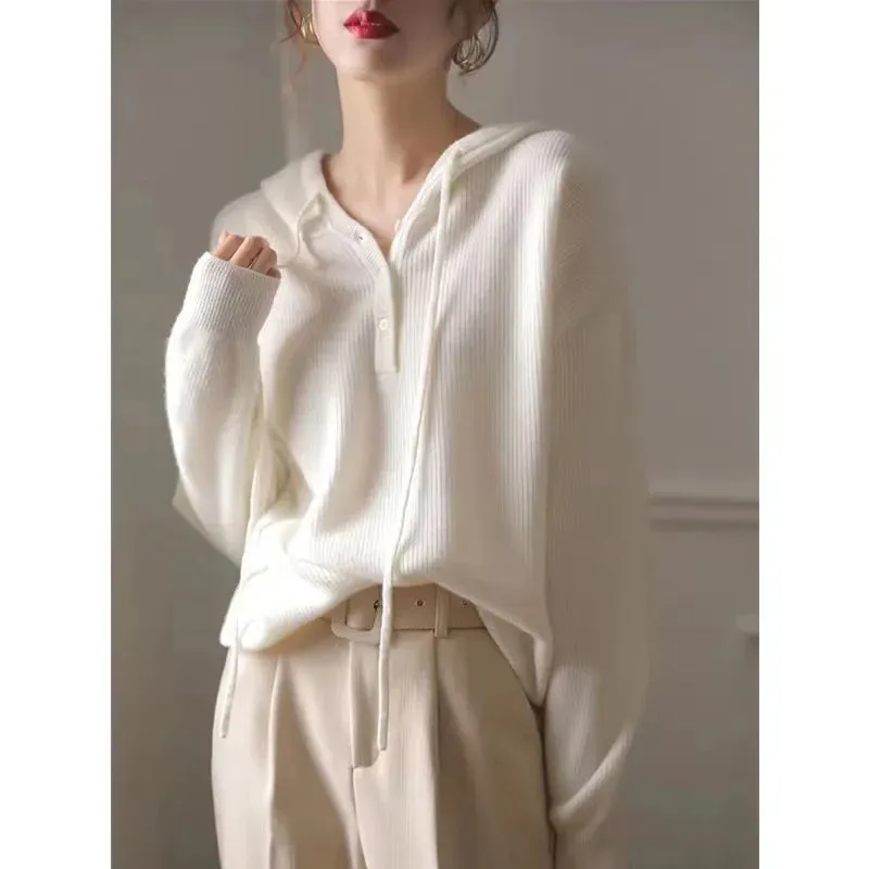 Hnzxzm Fashion Leisure Hooded Cashmere Sweater Female Fall Winter Loose Bottom Hoodie Pure Wool Hoodie Knitted Sweater Sweater