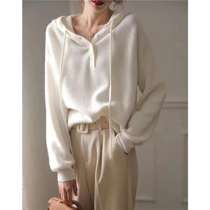 Hnzxzm Fashion Leisure Hooded Cashmere Sweater Female Fall Winter Loose Bottom Hoodie Pure Wool Hoodie Knitted Sweater Sweater