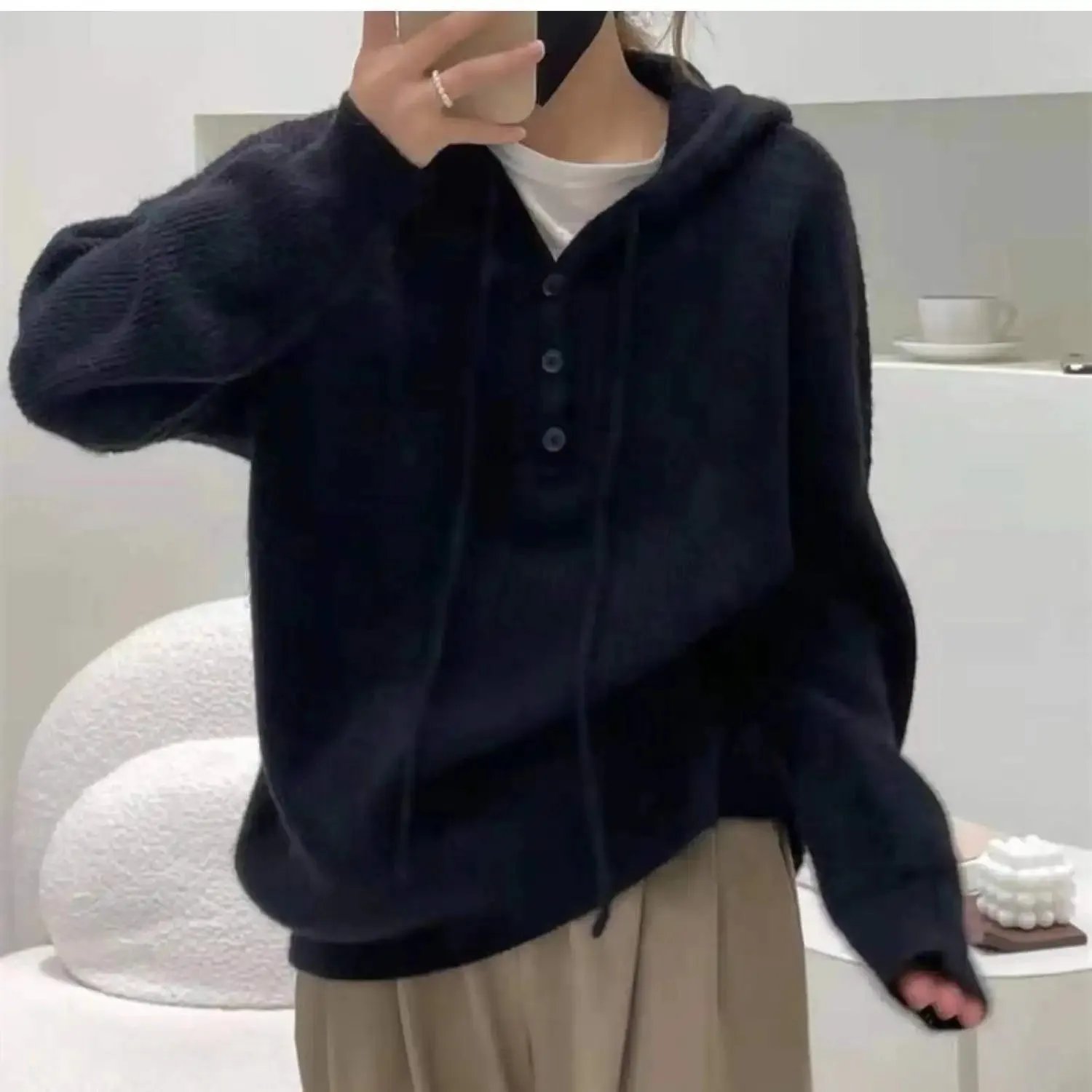 Hnzxzm Fashion Leisure Hooded Cashmere Sweater Female Fall Winter Loose Bottom Hoodie Pure Wool Hoodie Knitted Sweater Sweater
