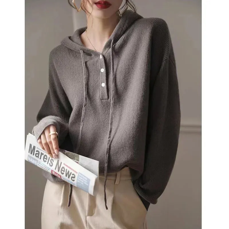 Hnzxzm Fashion Leisure Hooded Cashmere Sweater Female Fall Winter Loose Bottom Hoodie Pure Wool Hoodie Knitted Sweater Sweater